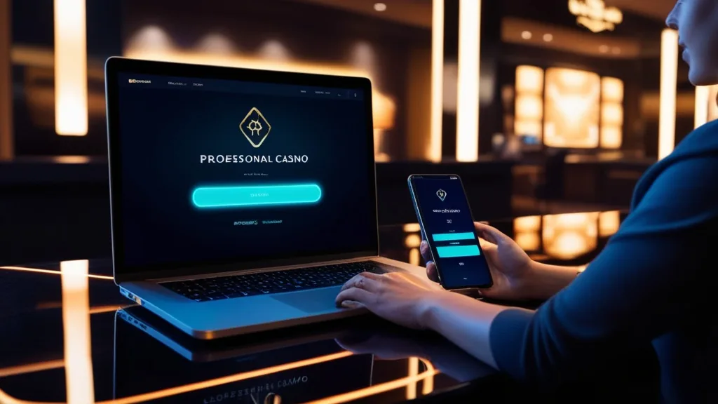 Laptop e smartphone con schermata di login in un casinò luminoso