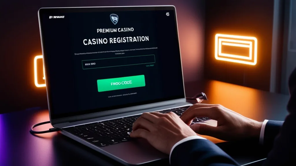 Schermo di registrazione con campo codice promo evidenziato in un casino scuro
