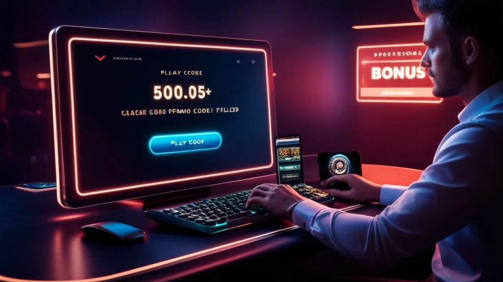 Schermo casino con campo codice promozionale e utente che verifica un bonus