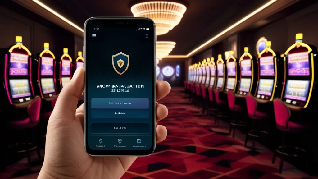 Telefono con schermata APK in un corridoio di casino illuminato al neon
