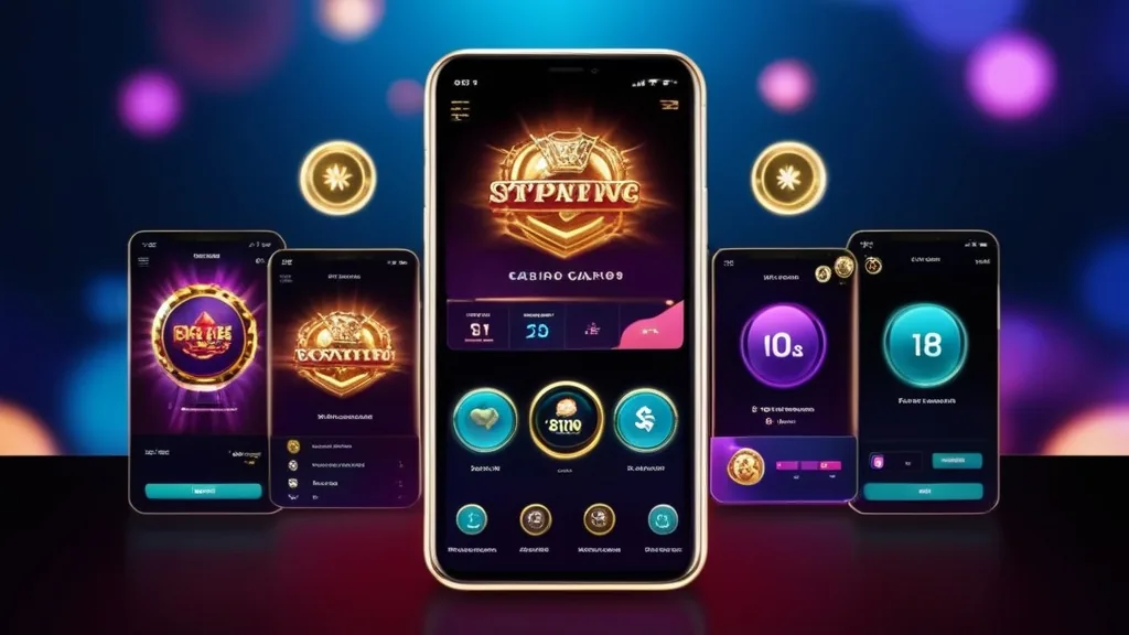 Schermo smartphone con funzioni app in ambiente casino scuro