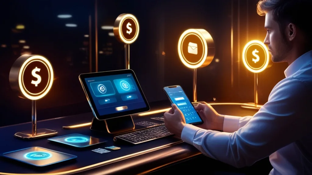 Interfaccia di deposito con carte e wallet in un ambiente da casinò scuro