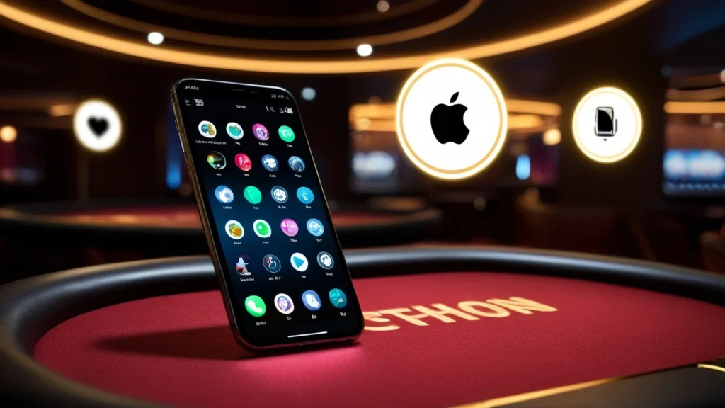 Smartphone con schermata di download in un casino scuro e luminoso