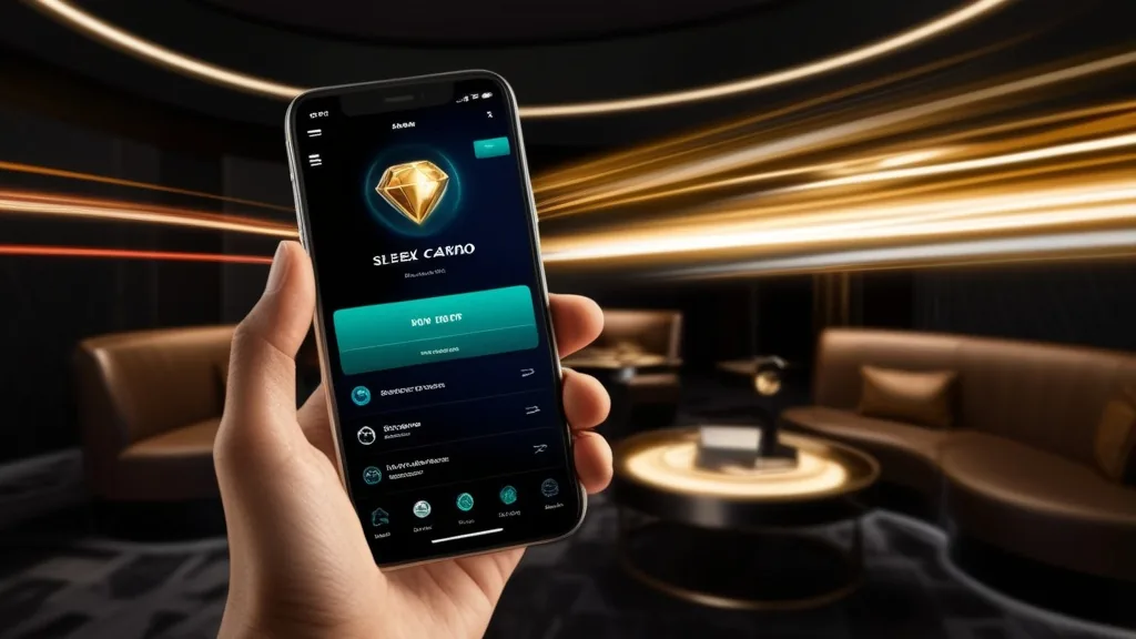 Telefono in mano con interfaccia fluida in un ambiente casino scuro