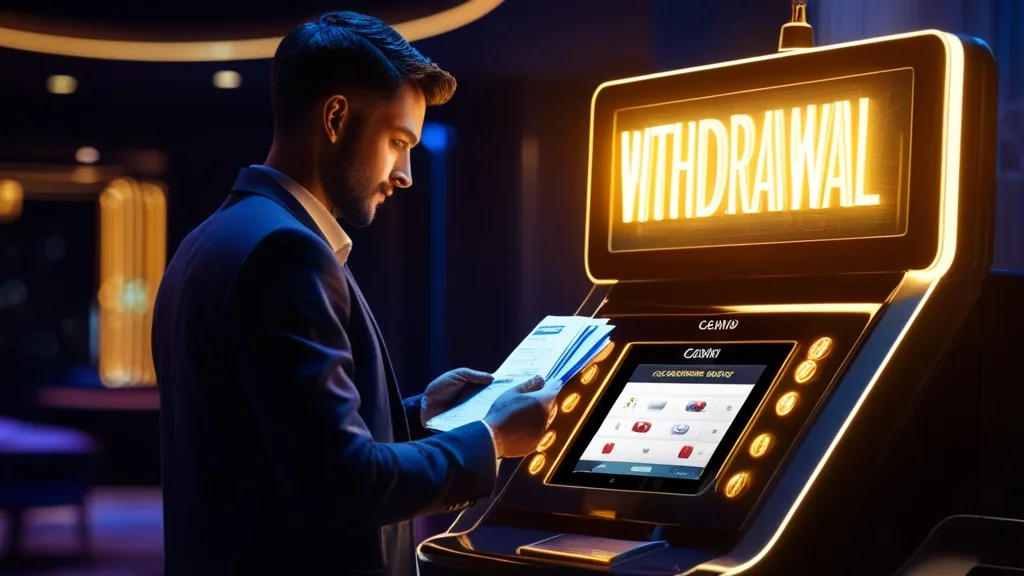 Documenti e schermo di prelievo in un casinò dal look scuro