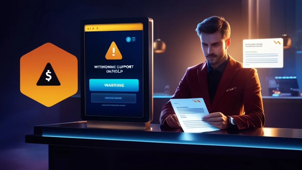 Schermo con prelievo bloccato e documenti controllati in un casinò scuro